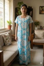 Comfortable Churidar Model Cotton Nighty, Hakoba yoke - 55 Inches Long -Blue Colour - Image 2