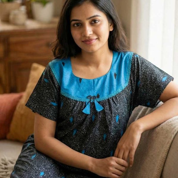 Comfortable Cotton Nighty With Round Neck - 55 Inches Long - Black Colour