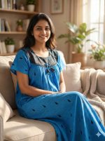 Comfortable Cotton Nighty With Round Neck - 55 Inches Long - Blue Colour