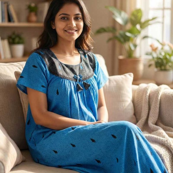 Comfortable Cotton Nighty With Round Neck - 55 Inches Long - Blue Colour