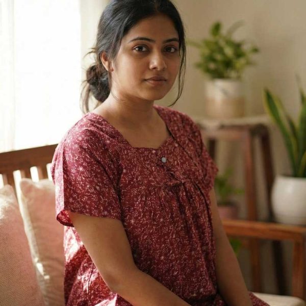 Traditional cotton nighty, 55 Inches Length - Brown colour