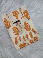 Front Open Cotton Nighty With Buttons, 55 Inches Long, Cream color with orange motif - Image 3