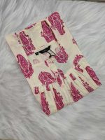 Front Open Cotton Nighty With Buttons, 55 Inches Long, Cream color with pink motif - Image 3