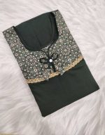 Comfortable Churidar Model Cotton Nighty, Ajrakh yoke - 55 Inches Long -Green Colour - Image 3