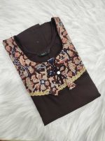 Comfortable Churidar Model Cotton Nighty, Ajrakh yoke - 55 Inches Long - Coffee Brown Colour - Image 3