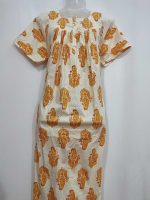 Front Open Cotton Nighty With Buttons, 55 Inches Long, Cream color with orange motif - Image 4