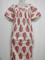 Front Open Cotton Nighty With Buttons, 55 Inches Long, Cream color with pink motif - Image 4