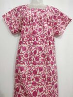 Front Open Cotton Nighty With Buttons, 55 Inches Long, Cream + Pink colour - Image 4