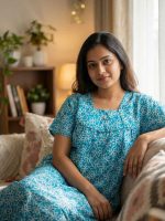 Traditional Cotton Nighty, 55 Inches Length - Blue