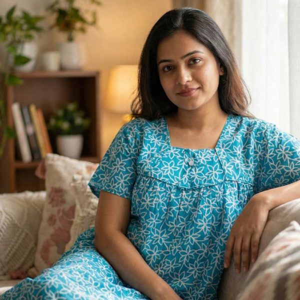 Traditional Cotton Nighty, 55 Inches Length - Blue