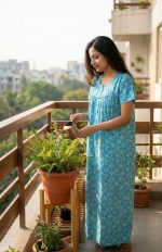 Traditional Cotton Nighty, 55 Inches Length - Blue - Image 2