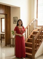 Comfortable Churidar Model Cotton Nighty -55 Inches Long - Red Embroidery - Image 2