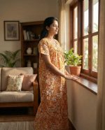 Traditional Cotton Nighty, 55 Inches Length - Orange - Image 2