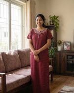 Comfortable Churidar Model Cotton Nighty with Buttons - 57 Inches Long - Maroon - Image 2