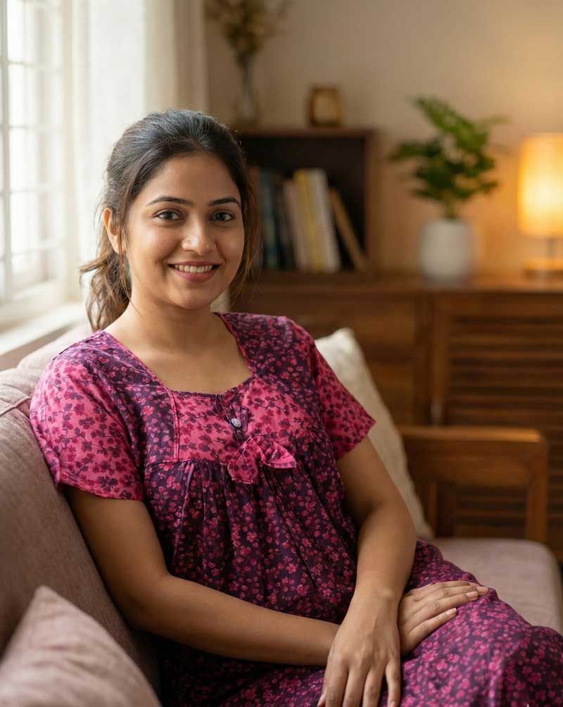 15.1 Traditional Cotton Nighty, 55 Inches Length - Rose - Image 1