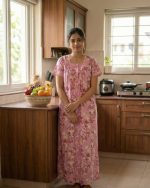 Comfortable Front Open Cotton Nighty With Buttons - 55 inches long - Rose - Image 2