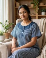 Comfortable Churidar Model Cotton Nighty with Buttons - 57 Inches Long - Blue + White Line