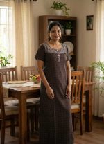 Comfortable Churidar Model Cotton Nighty with Buttons - 57 Inches Long - Coffee Brown - Image 2
