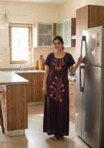 Comfortable Churidar Model Cotton Nighty -55 Inches Long - Dark Blue Embroidery - Image 2