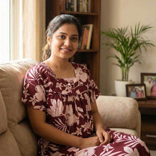 Traditional Cotton Nighty, 55 Inches Length - Maroon