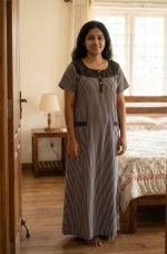 Comfortable Churidar Model Cotton Nighty with Buttons - 57 Inches Long - Coffee Brown + White Lines - Image 2