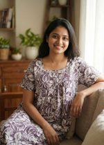 Comfortable Front Open Cotton Nighty With Buttons - 55 inches long - Purple