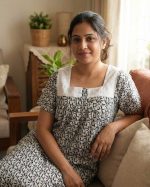 Comfortable Front Open Cotton Nighty With Buttons, Hakoba Yoke - 55 inches long - Black + White