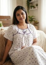 Traditional Cotton Nighty, 55 Inches Length - White + Violet