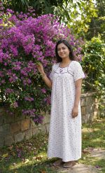 Traditional Cotton Nighty, 55 Inches Length - White + Violet - Image 2