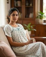 Traditional Cotton Nighty, 55 Inches Length - White + Green