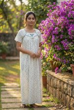 Traditional Cotton Nighty, 55 Inches Length - White + Green - Image 2