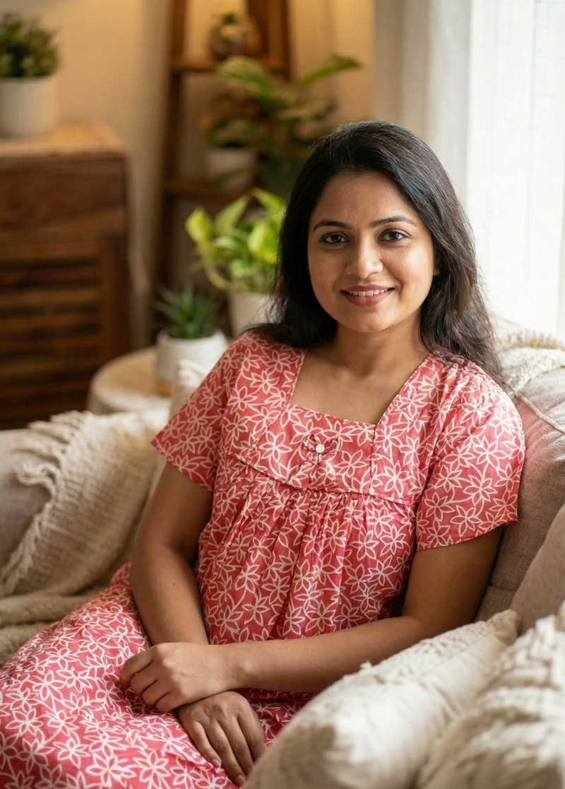 32 Traditional Cotton Nighty, 55 Inches Length - Peach - Image 1