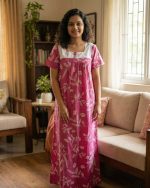 Comfortable Front Open Cotton Nighty With Buttons, Hakoba Yoke - 55 inches long - Rose - Image 2