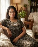 Traditional Cotton Nighty, 55 Inches Length - Black + Yellow