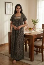 Traditional Cotton Nighty, 55 Inches Length - Black + Yellow - Image 2