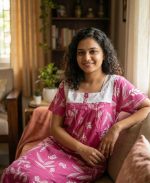 Comfortable Front Open Cotton Nighty With Buttons, Hakoba Yoke - 55 inches long - Rose