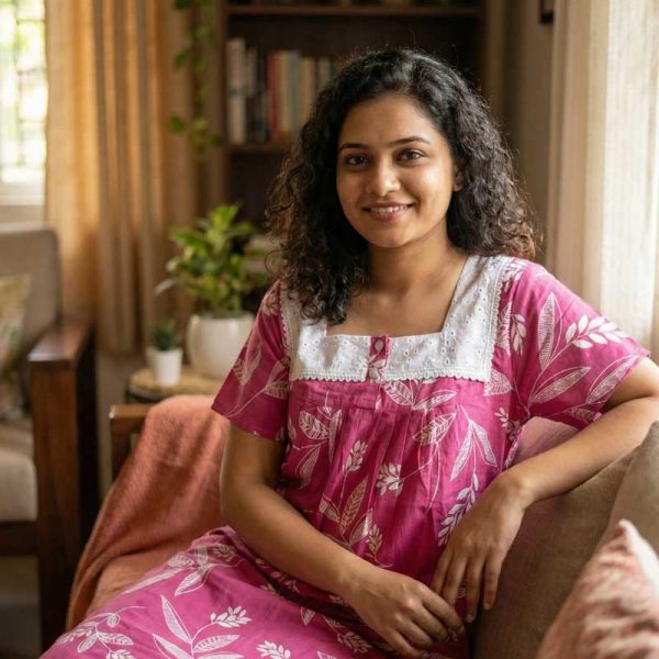 Comfortable Front Open Cotton Nighty With Buttons, Hakoba Yoke - 55 inches long - Rose