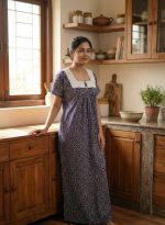 Comfortable Front Open Cotton Nighty With Buttons, Hakoba Yoke - 55 inches long - Dark Blue - Image 2