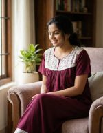 Traditional Cotton Nighty, 55 Inches Length - Grape Wine