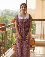 Comfortable Front Open Cotton Nighty With Buttons, Hakoba Yoke - 55 inches long - Maroon - Image 2