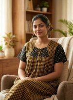 Traditional Cotton Nighty, 55 Inches Length - Yellow + Black