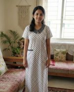 Comfortable Churidar Model Cotton Nighty with Peter-Pan Collar - 55 Inches Long - White - Image 2