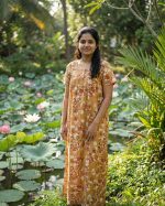 Comfortable Front Open Cotton Nighty With Buttons - 55 inches long - Orange - Image 2