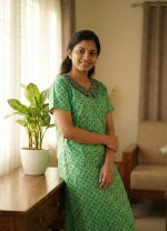 Comfortable Churidar Model Cotton Nighty with Peter-Pan Collar - 55 Inches Long - Green - Image 2