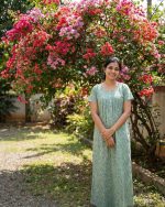 Comfortable Front Open Cotton Nighty With Buttons - 55 inches long - Green - Image 2