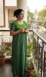 Comfortable Front Open Cotton Nighty With Buttons - 57 Inches long - Green - Image 2