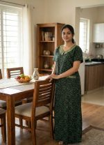 Comfortable Churidar Model Cotton Nighty with Peter-Pan Collar - 55 Inches Long - Black + Green - Image 2