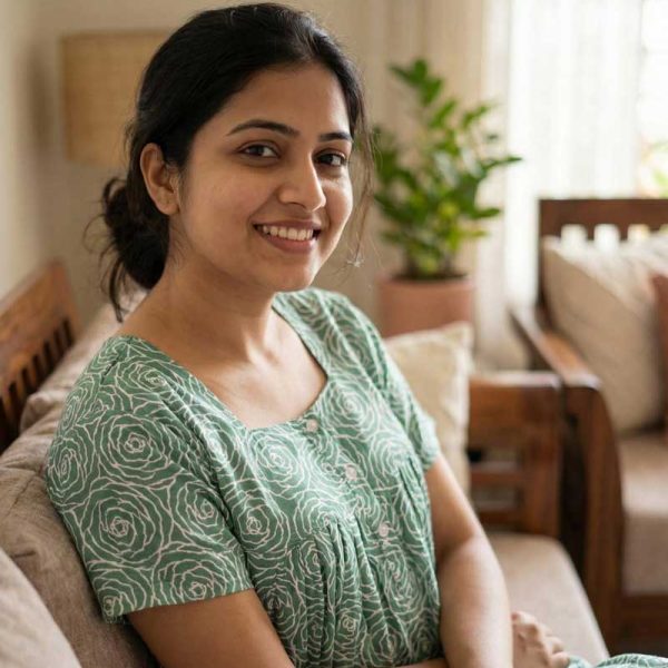 Comfortable Front Open Cotton Nighty With Buttons - 55 inches long - Green