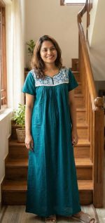 Traditional Cotton Nighty, 55 Inches Length - Green - Image 2