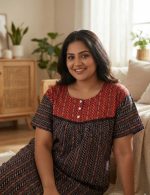 Comfortable Front Open Ajrakh Nighty With Buttons - 57 Inches long - Dark Blue + Red